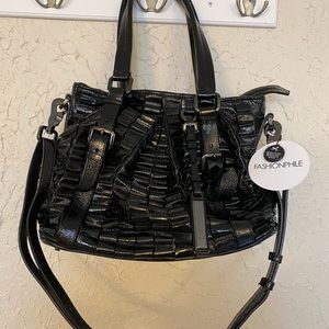Burberry ruched Lowry black patent leather satchel crossbody shoulder bag